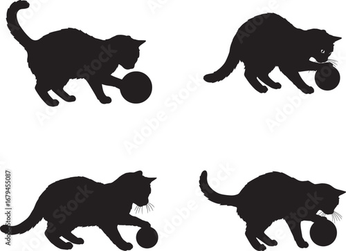 Four playful cat silhouettes with balls silhouette