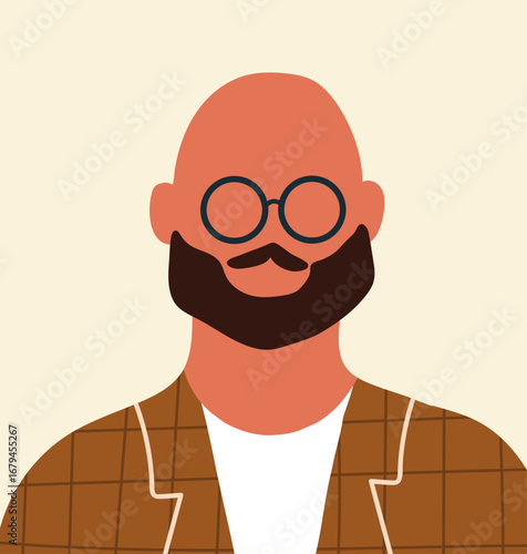 Bald hairless man with beard, moustache, in glasses. Faceless male avatar, head portrait in modern fashion style. User profile, trendy poster. Hand drawn vector illustration.