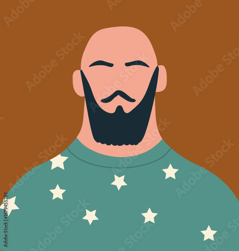 Bald hairless man with beard, moustache. Faceless male avatar, head portrait in modern fashion style. User profile, trendy poster. Hand drawn vector illustration.