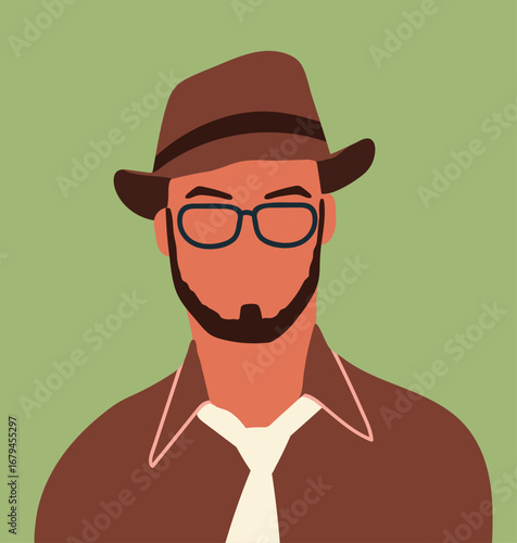 Abstract male portrait, poster. Modern trendy fashion man with beard,hat, glases. Faceless character, unique user profile in stylish elegant headwear, Hand drawn vector illustration.