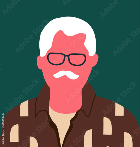 Abstract portrait, senior man, in a shirt, old gray-haired character with mustache and glasses, faceless avatar,  mature elderly male in eyeglasses and moustache hand drawn vector illustration.