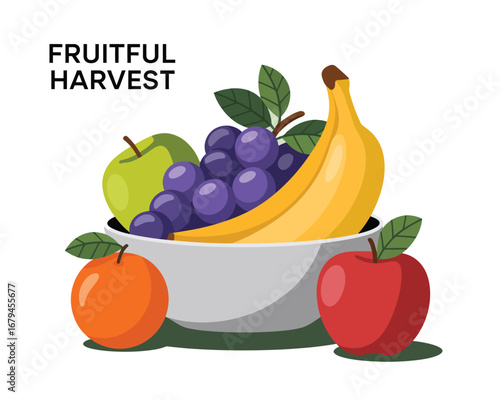 A flat vector illustration showcasing a vibrant collection of fresh and healthy fruits, artfully arranged to represent a bountiful harvest and healthy eating