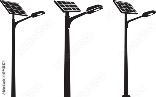Three solar powered street lights in a row silhouette isolated on white background