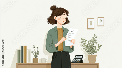 Woman reviewing her tax document with calculator on the table near her