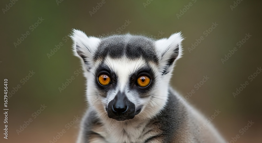 Obraz premium Close-up portrait of a ring-tailed lemur with striking orange eyes, looking directly at the viewer.