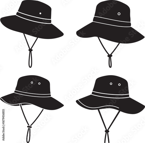 Four black bucket hats with chin straps silhouette isolated on white background