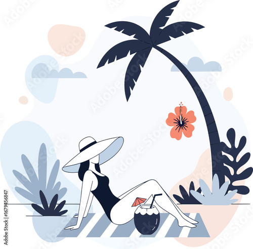 vector, illustration, woman vacationing on the beach and sunbathing