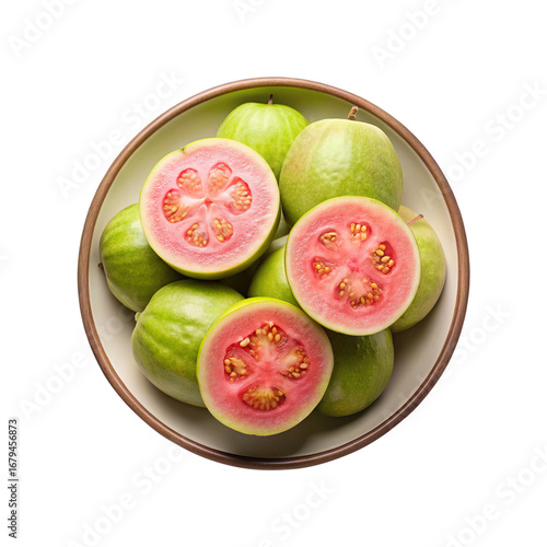 Overhead view of fresh organic guavas in a bowl, healthy food concept