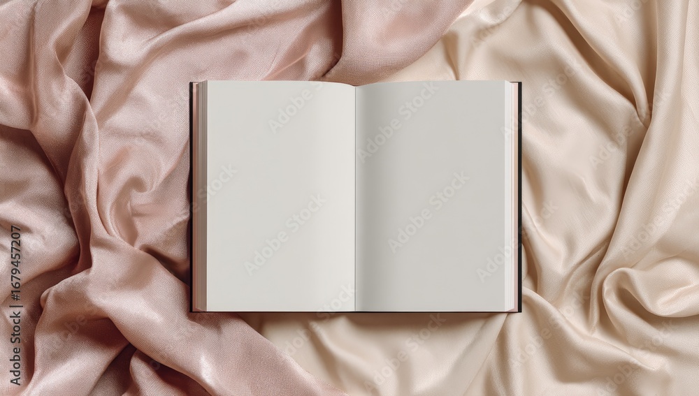 Fototapeta premium Open notebook on draped blush and beige fabric