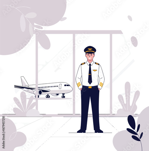 Vector, illustration, pilot with an airport and airplane background, transportation, poster, background