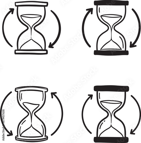 Four hourglass icons with circular arrows indicating time passing silhouette