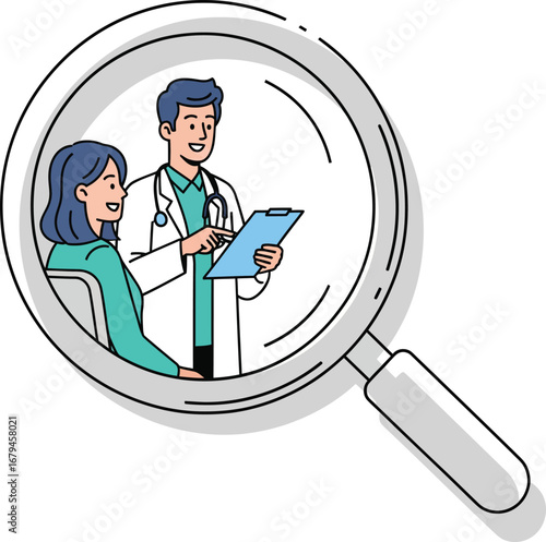 vector, illustration, doctor examining patient in magnifying glass design