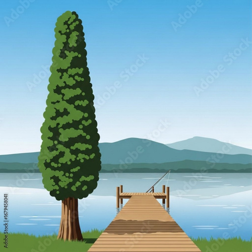 Lakeside Cypress Tree and Dock – Scenic Vector Illustration with Pier, Fishing Rod, and Mountain Landscape