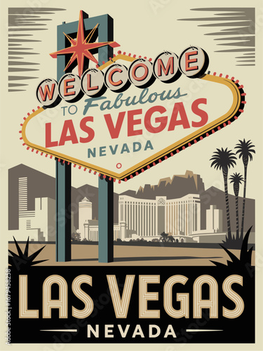 Flat mid-century modern Las Vegas travel poster with retro neon sign, casino lights, bold red and yellow on beige background. Vintage wall art with iconic skyline and lettering