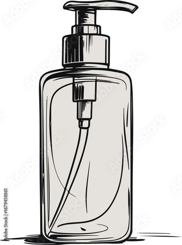 Black and white doodle style lotion pump bottle, minimal clean stroke, cosmetic vector illustration 1