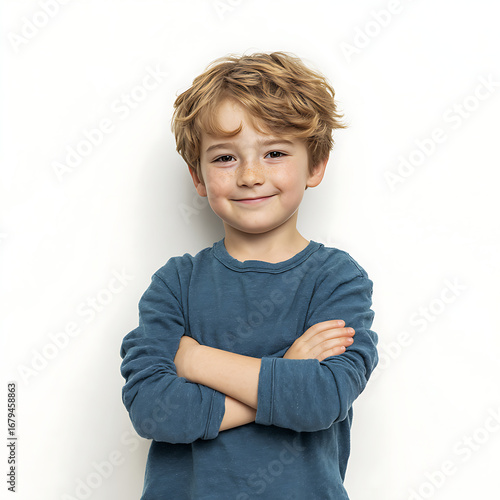 Wallpaper Mural A child showing pride, arms crossed with a confident smile, white background. Torontodigital.ca