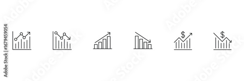 Money increase or decrease black icon set. dollar decrease increase symbol. Price, sale, rate or profit going up or down symbol with arrow and dollar sign. 