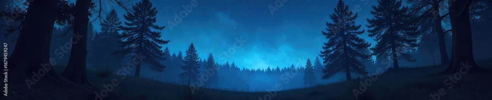 Fototapeta premium A cinematic backdrop of a mysterious, dark forest at night, silhouetted trees against a starlit sky, perfect for film noir or fantasy projects , starscape, fantasy