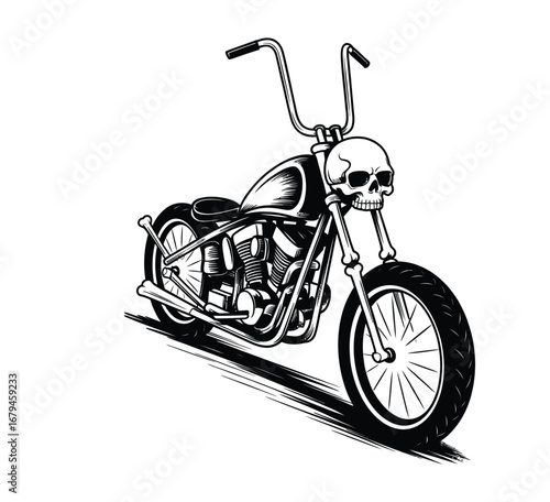 Motorcycle made of bones with skull wheels in black and white isolated halloween vector illustration