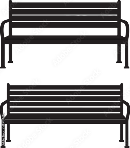 Two black park benches facing forward isolated on white background silhouette