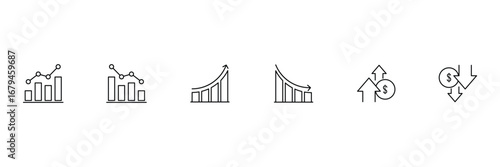 Money increase or decrease black icon set. dollar decrease increase symbol. Price, sale, rate or profit going up or down symbol with arrow and dollar sign. 