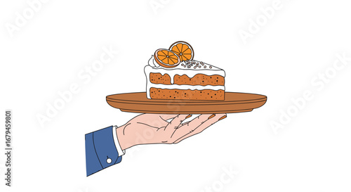 A hand serves a delicious slice of cake topped with cream and orange segments