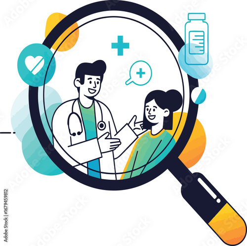 vector, illustration, doctor with patient in magnifying glass, hospital, medicine, health, poster