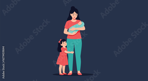 Mother holds new baby while older child hugs her legs warmly