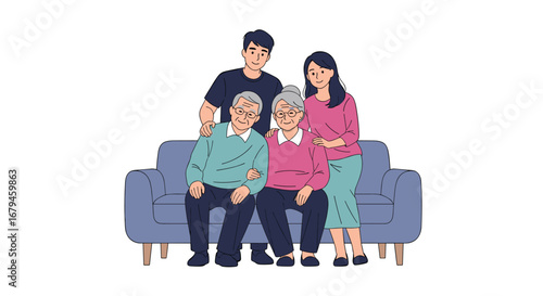 A generational family gathering enjoying quality time together on a comfortable sofa at home