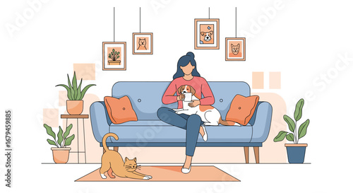 A woman enjoys leisure time at home with her adorable pets a cat and a dog relaxing on the couch and floor