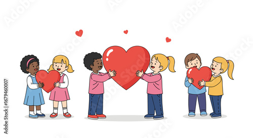 Children with diverse backgrounds holding hearts together symbolizing unity love kindness and friendship for a better world