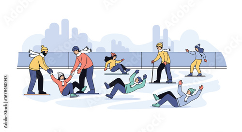 Winter outdoor fun with friends on a frozen lake enjoying a snow day together