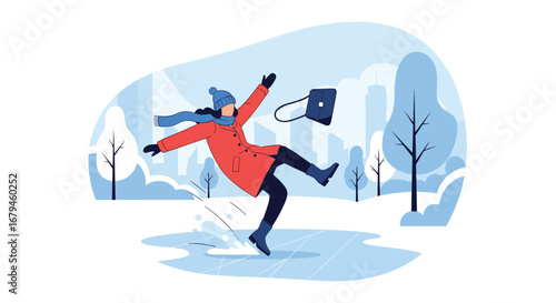 Woman slipping on icy path during winter walk losing handbag and scarf in snowy park