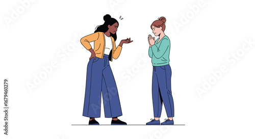Two young women are having an intense conversation with one gesturing emphatically and the other looking down