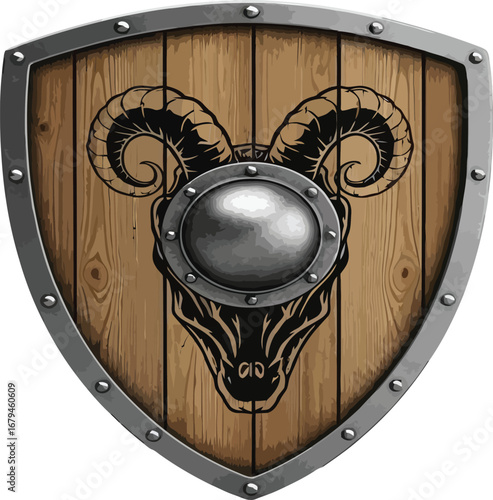 vector, illustration, shield with goat, war, viking, satanic 