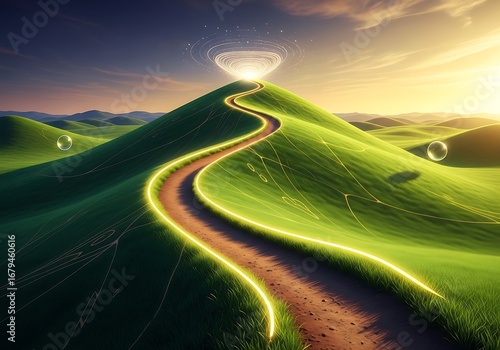 A winding dirt path illuminated by glowing yellow lines leads up a lush green hill towards a sparkling diamond at its summit under a golden sunset sky