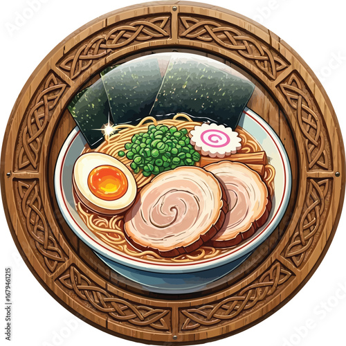 Vector, illustration, round shield like table with ramen food, Japanese food, poster, 