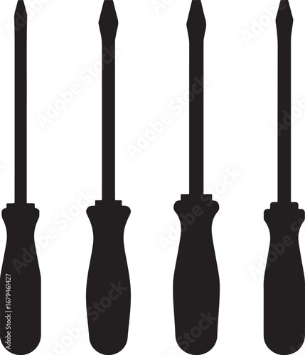 Four black silhouette screwdrivers isolated on white background