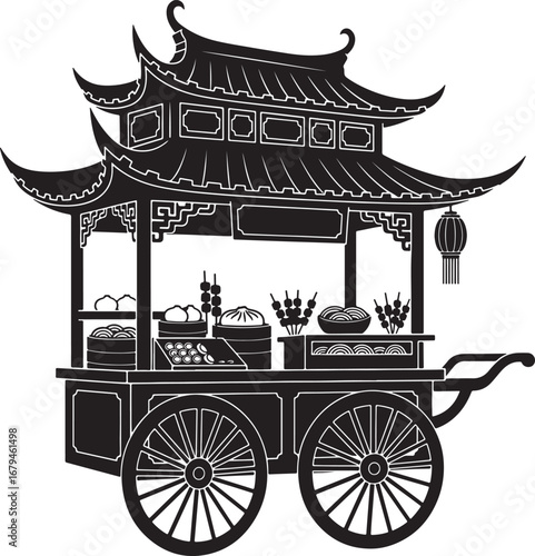 Traditional Asian Street Food Cart Silhouette Vector with Pagoda Roof Street Market, Restaurant, Travel, and Cultural Icon Design