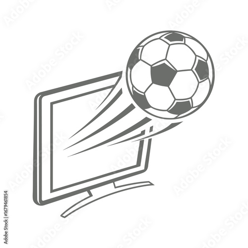 Soccer ball flying out of computer screen with motion lines football television