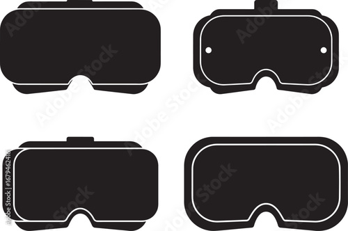Four black virtual reality headset silhouettes isolated on white background