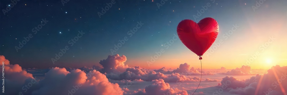 Fototapeta premium Lonely Heart-Shaped Balloon Floating Away A Symbol of Searching for Love and Companionship in a Vast Empty Space