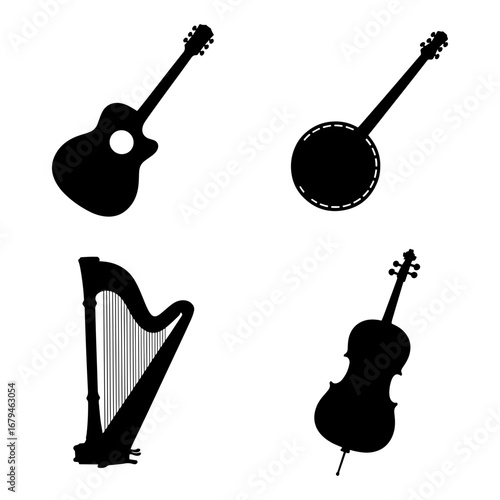 Silhouette representations of guitar banjo harp and cello musical instruments in a simple arrangement