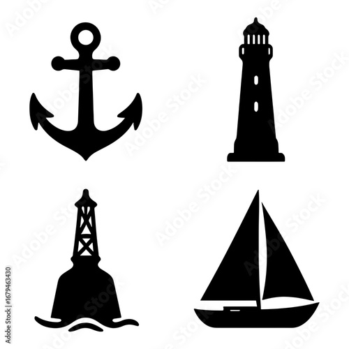 A nautical collection featuring a black anchor lighthouse buoy and sailboat on a white background image design