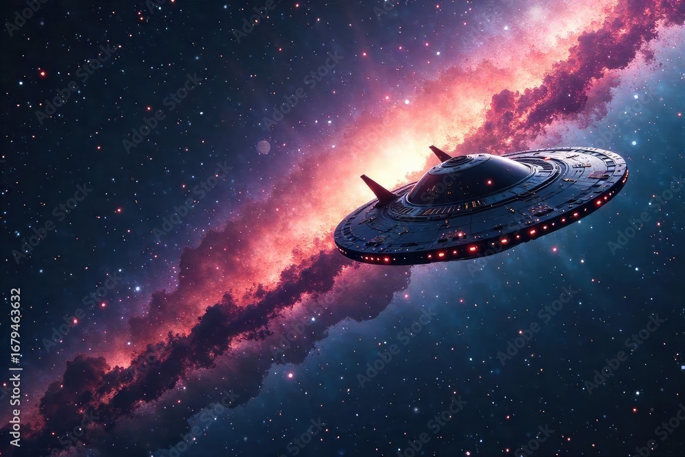 Obraz premium Mysterious Shimmering UFO Encounter Over Andromeda Galaxy A Breathtaking Cosmic Spectacle of Otherworldly Lights Illuminating Nebulae and Cosmic Dust.