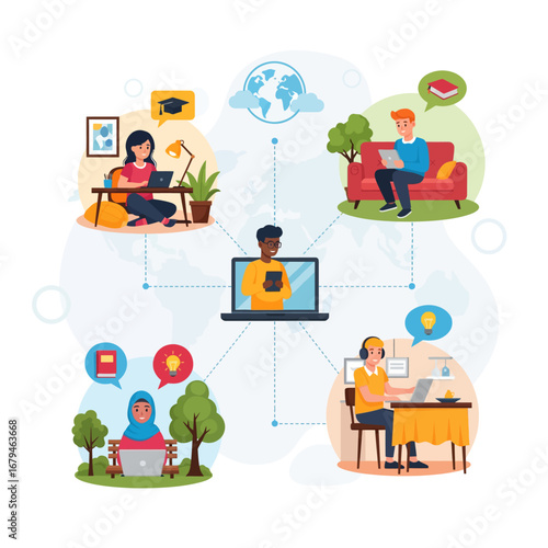 Diverse people engaged in online learning or remote work, connected through a central laptop.