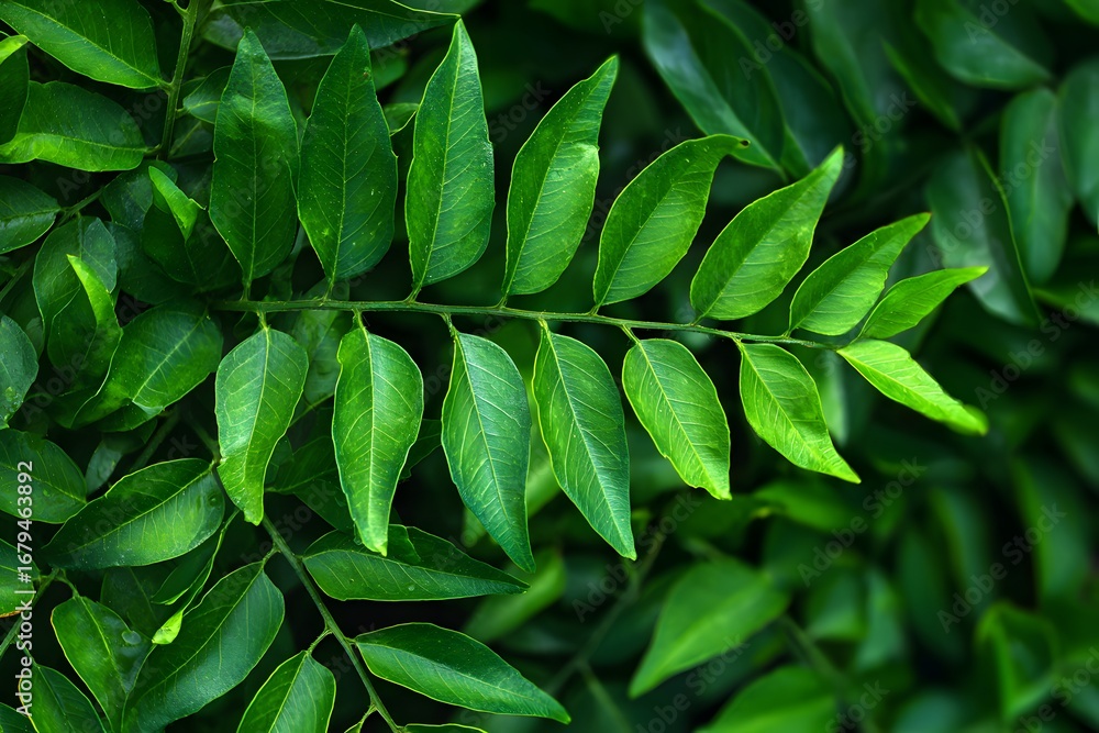 Obraz premium Top view of a cluster of curry leaves, detailed texture of the small pinnate leaflets, set against a natural green background.