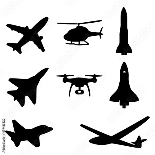 Silhouette depictions of various aircraft including planes helicopters rockets and drones in black
