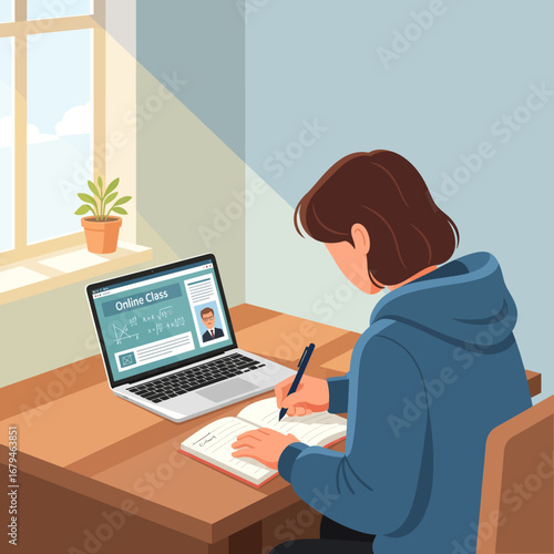 Student attending an online class on a laptop, taking notes in a notebook at a desk near a window.
