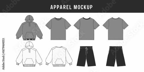 Collection of apparel flat sketches including front and back views of hoodies t shirts and shorts